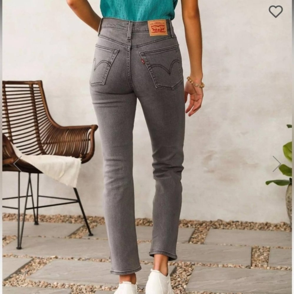 Levis Wedgie Straight Jeans Button Fly High Waisted Rise Faded Black Gray 90s